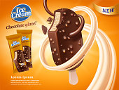 Chocolate vanilla ice bar ad, with chocolate and milk and peanut elements, orange background, 3d illustration