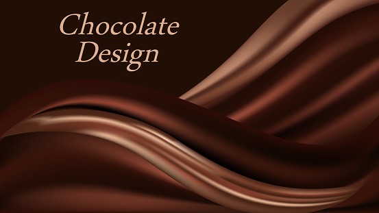 Chocolate wave background. Dark brown creamy chocolate, shiny silk  texture. Smooth color flow effect. Abstract vector background for elegant modern poster or banner.