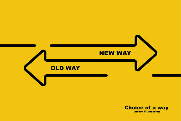 Choice of a way. Old road or new way. Choice of a way. Old road or new way. Template landing page. Form for web design and text placement. Vector illustration design black line. Direction of arrows forward or backward. old vs new stock illustrations