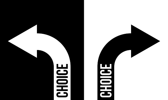 choice with two arrows, black and white vector concept