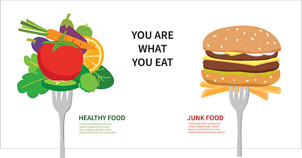 pilih antara makanan sehat dan junk food - diet ilustrasi stok