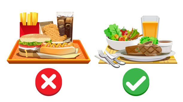 ilustrações, clipart, desenhos animados e ícones de escolha os alimentos que são benéficos para o corpo. - colesterol