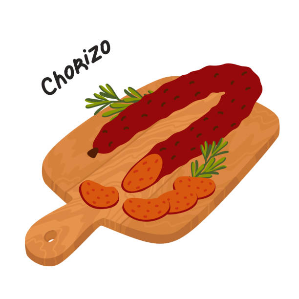 stockillustraties, clipart, cartoons en iconen met chorizo worst. vlees delicatessen op een houten snijplank - chorizo