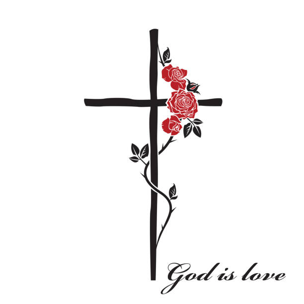 christian cross and roses illustration of christian cross and roses isolated on white background religious cross silhouettes stock illustrations