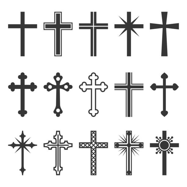 ilustraciones, imágenes clip art, dibujos animados e iconos de stock de christian cruz icons set sobre fondo blanco. vector de - church