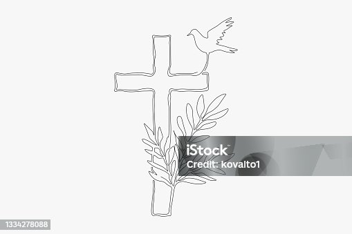istock Christian cross with plant and dove. Funeral design element, line art 1334278088