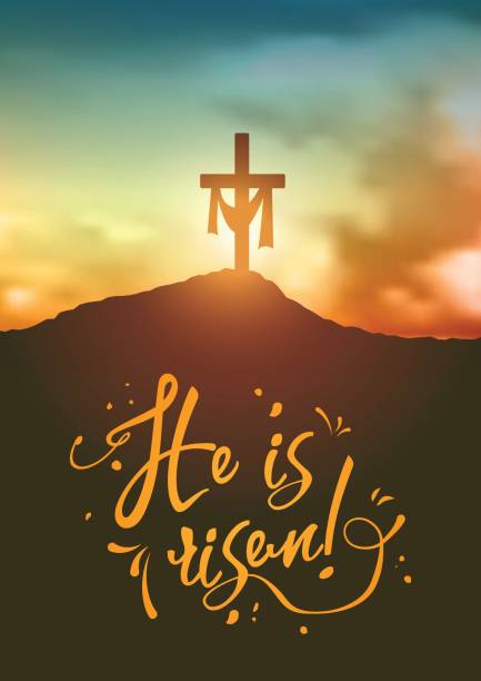 Christian easter scene, Saviour's cross on dramatic sunrise scene, with text He is risen, illustration Christian easter scene, Saviour's cross on dramatic sunrise scene, with text He is risen, vector illustration, eps 10 with transparency and gradient meshes religious cross backgrounds stock illustrations