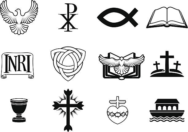 Christian icon set A set of Christian icons and symbols, including dove, Chi Ro, fish symbol, bible, INRI sign, trinity christogram, cross, communion cup, ark and more. Vector file is eps 10 and uses transparency blends and gradient mesh religious cross clipart stock illustrations