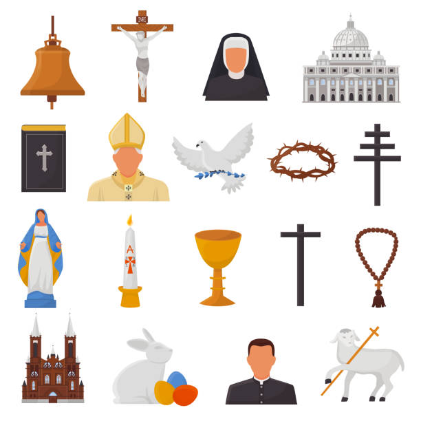 Christian icons vector christianity religion signs and religious symbols church faith christ bible cross hands praying to God biblical illustration isolated on white background Christian icons vector christianity religion signs and religious symbols church faith christ bible cross hands praying to God biblical illustration isolated on white background. saints stock illustrations