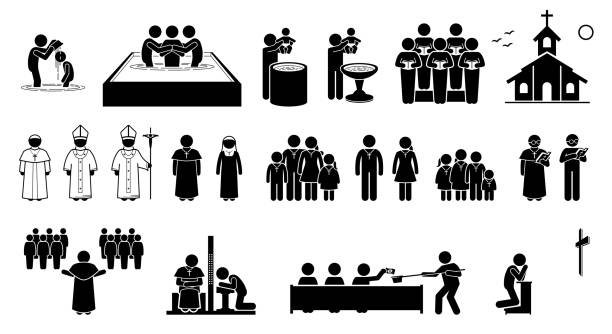 ilustrações de stock, clip art, desenhos animados e ícones de christian religion practices and activities in church stick figures icons. - pastor