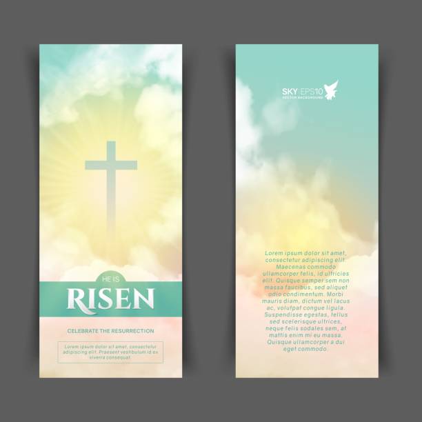 Christian religious design for Easter celebration. Narrow vertical banners Christian religious design for Easter celebration. Narrow vertical vector banners. Text: He is risen, shining Cross and heaven with white clouds. church stock illustrations