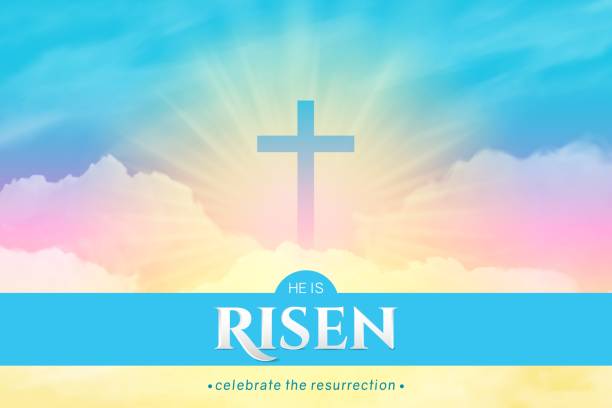 Christian religious design for Easter celebration. Rectangular horizontal banner Christian religious design for Easter celebration. Rectangular horizontal vector banner with text: He is risen, shining Cross and heaven with white clouds. religious cross backgrounds stock illustrations