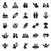 An icon set of Christian worship themes. The icons include people worshiping, praising God, pastors, preachers, sermons, church, families, prayer, religion, Christianity, Tithes, rescue, spirituality, Christ, Cross, faith, and other related themes.