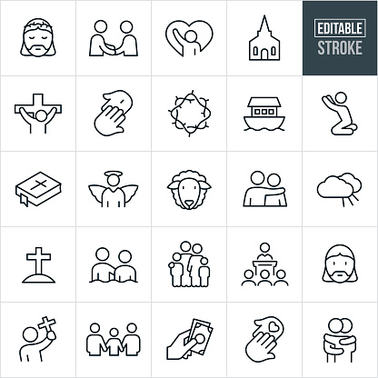 A set Christianity and religion icons that include editable strokes or outlines using the EPS vector file. The icons include people attending church, a church, Jesus Christ, Jesus on the cross, crown of thorns, baptism, fellowshipping, prayer, ark, bible, angel, lamb, sheep, heaven, cross, family, donation and two people hugging to name a few. vector