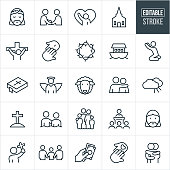 A set Christianity and religion icons that include editable strokes or outlines using the EPS vector file. The icons include people attending church, a church, Jesus Christ, Jesus on the cross, crown of thorns, baptism, fellowshipping, prayer, ark, bible, angel, lamb, sheep, heaven, cross, family, donation and two people hugging to name a few.