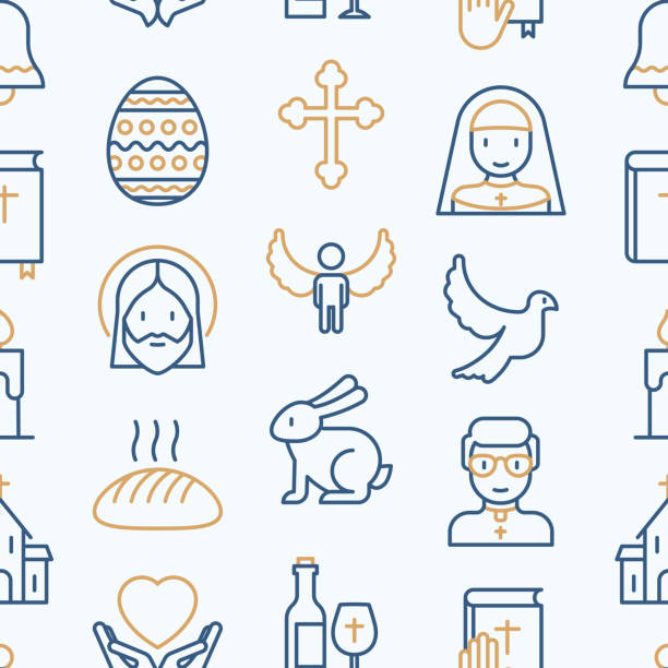 Christianity seamless pattern with thin line icons of priest, church, nun, crucifixion, Jesus, bible, dove. Vector illustration for banner, web page, print media.  saints stock illustrations