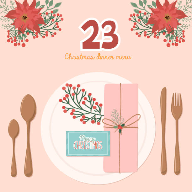 ilustraciones, imágenes clip art, dibujos animados e iconos de stock de calendario de adviento de navidad, día 23. - healthy dinner
