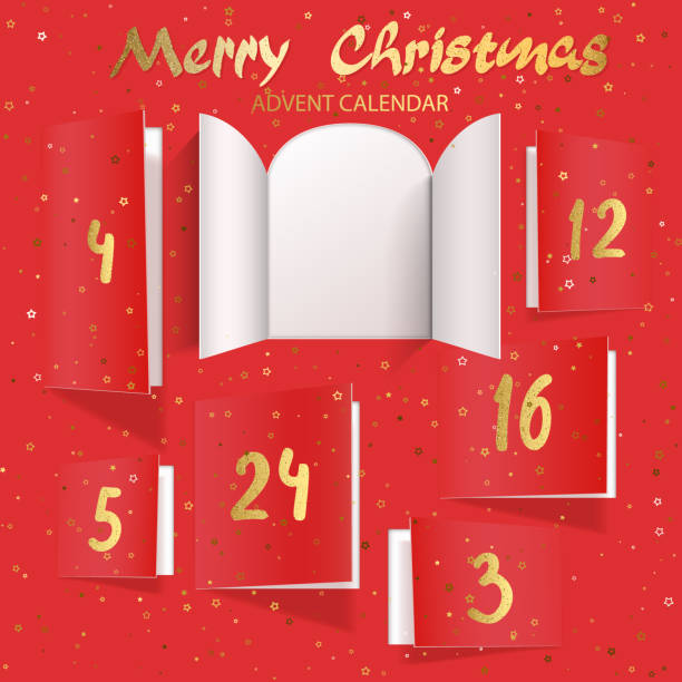 Christmas advent calendar door opening Christmas advent calendar door opening. Realistic an open wide doors with gold lettering on red background. Template to reveal a message. Merry Christmas poster concept. Festive vector illustration advent stock illustrations