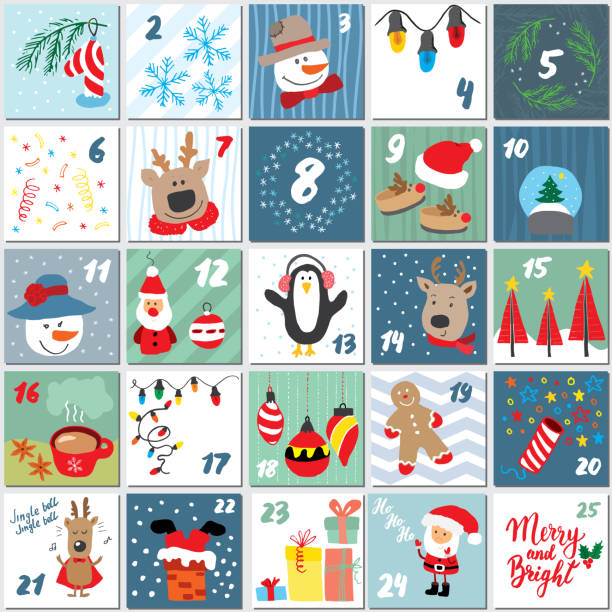 Christmas advent calendar. Hand drawn elements and numbers. Winter holidays calendar cards set design, Vector illustration Christmas advent calendar. Hand drawn elements and numbers. Winter holidays calendar cards set design, Vector illustration. advent stock illustrations