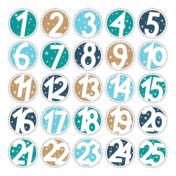Christmas advent calendar stickers with numbers from 1 to 25 Snow Advent calendar. Advent stickers with numbers from 1 to 25. Christmas advent calendar, hand drawn style. Vector illustration. advent stock illustrations