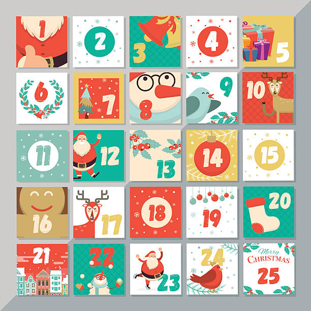 Christmas advent calendar template. Vector xmas greeting card Christmas advent calendar template. Vector xmas greeting card layout design. Santa, reindeer, snowman, cookie, and holly elements background. advent stock illustrations