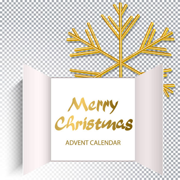 Christmas Advent Calendar. Christmas advent calendar doors open with golden letters. big golden snowflake and an open wide window on transparent background. Template for Christmas posters, headers, seasonal wallpaper. Vector advent stock illustrations