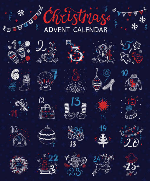 weihnachten-adventskalender. vektor-winterurlaub-plakat - advent stock-grafiken, -clipart, -cartoons und -symbole