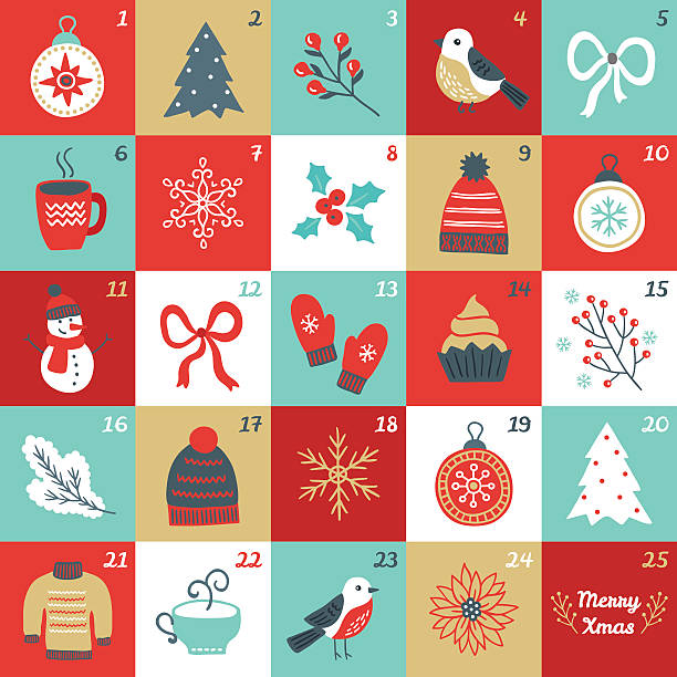 weihnachts-adventskalender mit vogel, filialen, weihnachten kugeln, schleife, fäustlinge - advent stock-grafiken, -clipart, -cartoons und -symbole