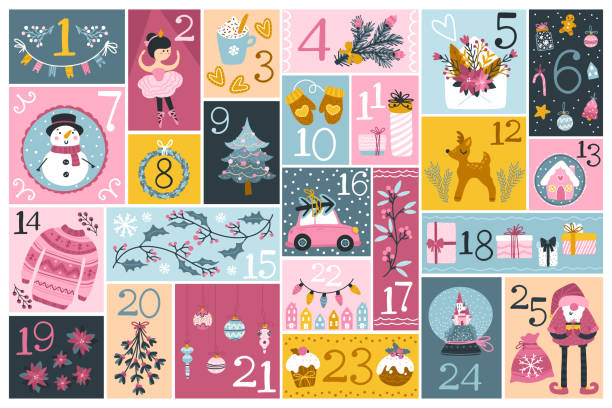 Christmas advent calendar with cute characters and festive elements in different shapes, in a childish hand-drawn Scandinavian style. Limited palette ideal for printing. Christmas advent calendar with cute characters and festive elements in different shapes, in a childish hand-drawn Scandinavian style. Limited palette ideal for printing advent stock illustrations