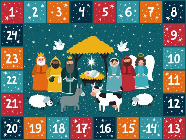 weihnachten-adventskalender mit traditionellen krippe. hintergrund hell urlaub im cartoon-stil. - advent stock-grafiken, -clipart, -cartoons und -symbole