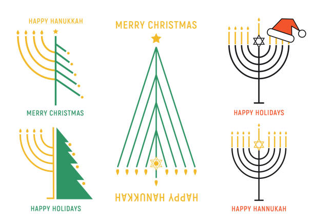 耶誕節和光明節卡，向量集 - 猶太燭台 幅插畫檔、美工圖案、卡通及圖標