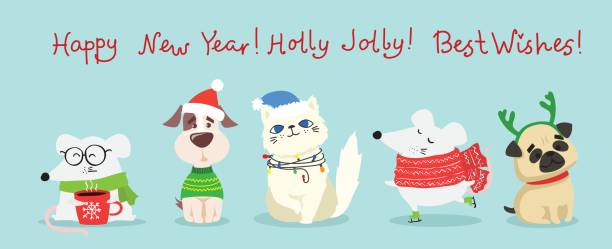 stockillustraties, clipart, cartoons en iconen met kerst en gelukkig nieuwjaar kaart - christmas cat