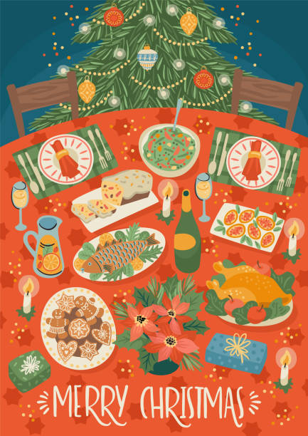 illustrazioni stock, clip art, cartoni animati e icone di tendenza di illustrazione di natale e felice anno nuovo della tavola di natale. pasto festivo - cena natale