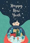 Christmas and Happy New Year illustration with cute woman. Trendy retro style. Vector design template.
