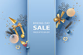 Christmas and New Year sale banner. Realistic gifts, Christmas balls and metal decorative snowflakes