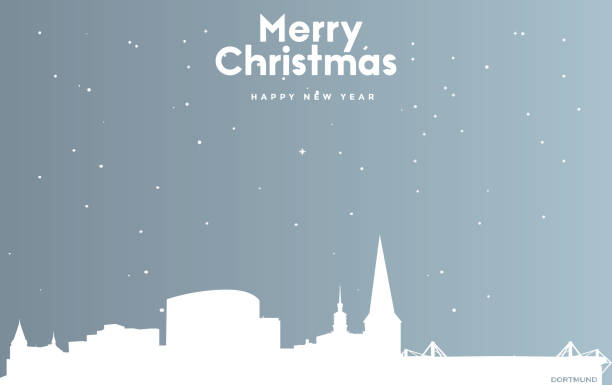 weihnachten und neujahr blaue grußkarte mit weißem stadtbild von dortmund - dortmund stock-grafiken, -clipart, -cartoons und -symbole