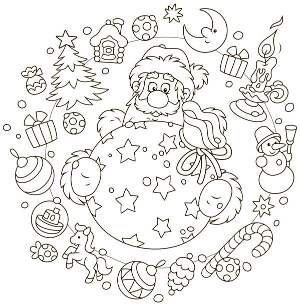 Christmas and New Year card with Santa Father Frost with his gift bag and tree decorations and toys around, black and white vector illustration in a cartoon style christmas coloring stock illustrations