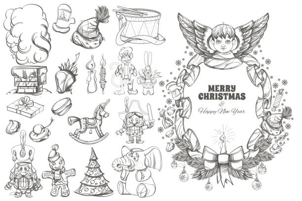 Christmas and New Year decorative design elements. Beautiful frame with angel and decorative design elements for Christmas and New Year greeting cards, posters, coloring books and other items. gingerbread man coloring page stock illustrations