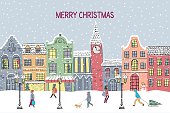 Christmas and New year greeting card. Hand drawn snowy town at holiday eve. Christmas and new year design background