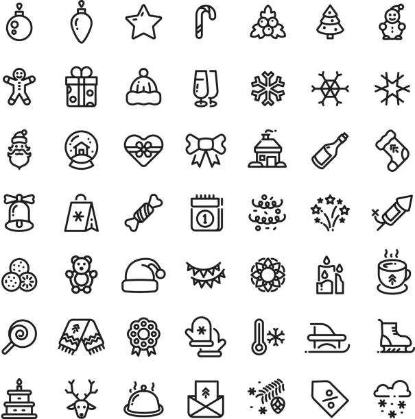 Christmas and New Year line vector icons. Xmas winter outline symbols set Christmas and New Year line vector icons. Xmas winter outline symbols set. Winter christmas holiday line icon, new year symbols illustration winter symbols stock illustrations