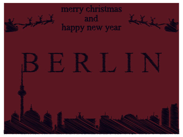 stockillustraties, clipart, cartoons en iconen met kerstmis en nieuwjaar briefkaart van blauwe schets stad silhouet van berlijn op rode achtergrond - berlin snow