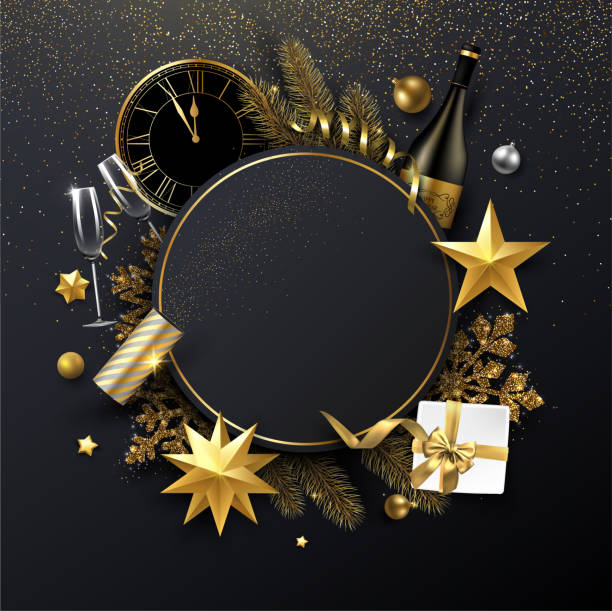 Christmas and New Year round card with Christmas decorations, gift, Champagne and clock. Christmas and New Year shiny card template with round frame, golden Christmas decorations, gift, Champagne and clock. Vector background. champagne borders stock illustrations