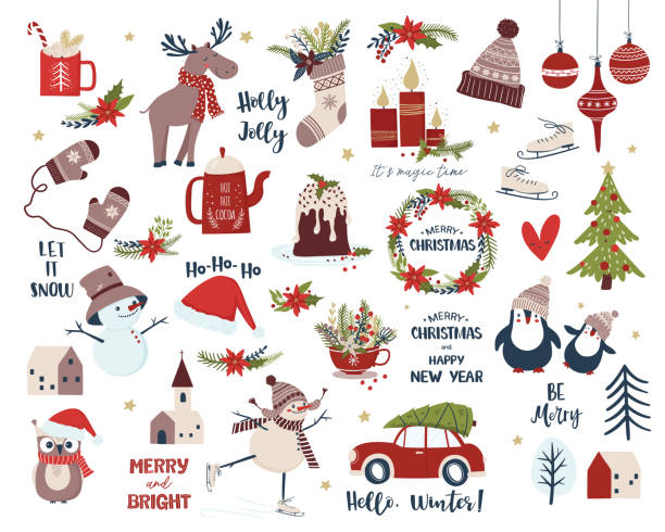 Christmas and New Year set. Cartoon vector illustration Merry Christmas and New Year collection. Scandinavian design set with snowman, Christmas flowers, houses, candles,  deer, penguin, sock, cup , cake, mittens. Isolated vector bird clipart stock illustrations