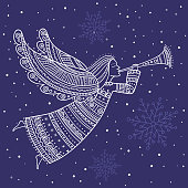 Merry Christmas angel with horn and snow in night sky with stars. Can be printed and used as greeting card, placard, invitation, poster, etc.