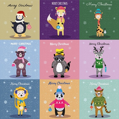 Christmas Animals Card Set cute fox, bear, cat, lion, raccoon, deer, penguin, panda, giraffe. Hand drawn collection characters illustration vector