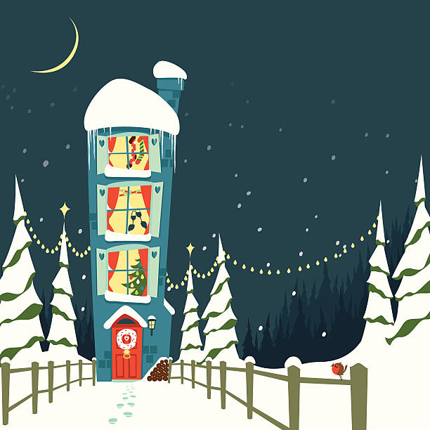 ilustraciones, imágenes clip art, dibujos animados e iconos de stock de navidad en casa con árbol y medias de nailon - christmas lights house