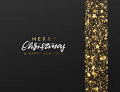 Christmas Background. Border made of stars and golden sparkle. Xmas greeting card. Vector Happy New Year