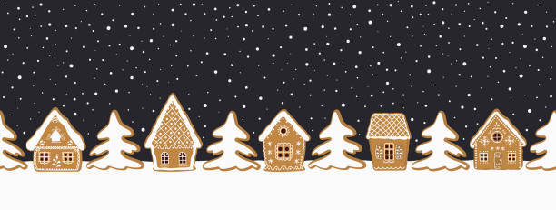 Christmas background. Gingerbread village. Seamless border vector art illustration
