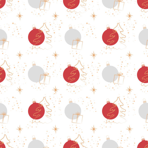 Christmas background. Seamless abstract pattern with Christmas trees, gifts and red Christmas balls vector art illustration