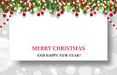 Christmas background with garland, New Year decoration with fir branches, beads and holly berry. Vector illustration.